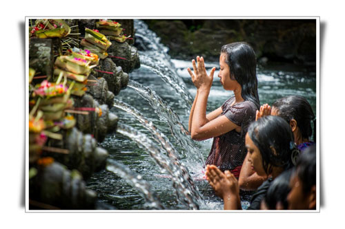 A picture of a praying lady at The Holy Water Spring of Tirta Empul - Bali Male Escort Service