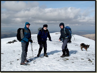 On the summit of Skiddaw, with Bruno looking as if he's being blown away!