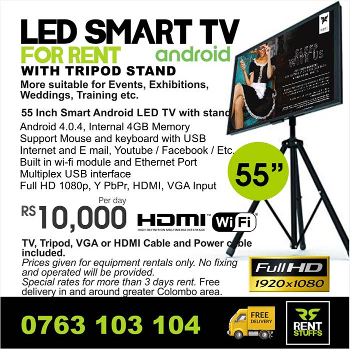Android Smart LED TV for Rent with the Stand ( FullHD )  More suitable for Events, Exhibitions, Weddings, Training etc.  Android 4.0.4, Internal 4GB Memory Support Mouse and keyboard with USB Internet and E mail, Youtube / Facebook / Etc.. Built in wi-fi module and Ethernet Port Multiplex USB interface Full HD 1080p, Y PbPr, HDMI, VGA Input  TV, Tripod, VGA or HDMI Cable and Power cable included.  Prices given for equipment rentals only. No fixing and operated will be provided.  10 000/= per day  Special rates for more than 3 days rent. Free delivery in and around greater Colombo area.  Prior reservation required.  #ledtv #tvrent #androidtvrent #tv #rent #hire #rentstuffs #exhibition #event