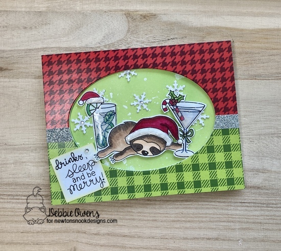 Drinks, sleep and be merry by Debbie features Slothy Christmas, Meowy Christmas, Christmas Cocktails, Snow Globe Shaker, and Oval Frames by Newton's Nook Designs; #inkypaws, #newtonsnook, #slothcards, #christmascards, #holidaycards, #cardmaking