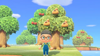 A protagonist player character standing in front of a money tree in Animal Crossing: New Horizons