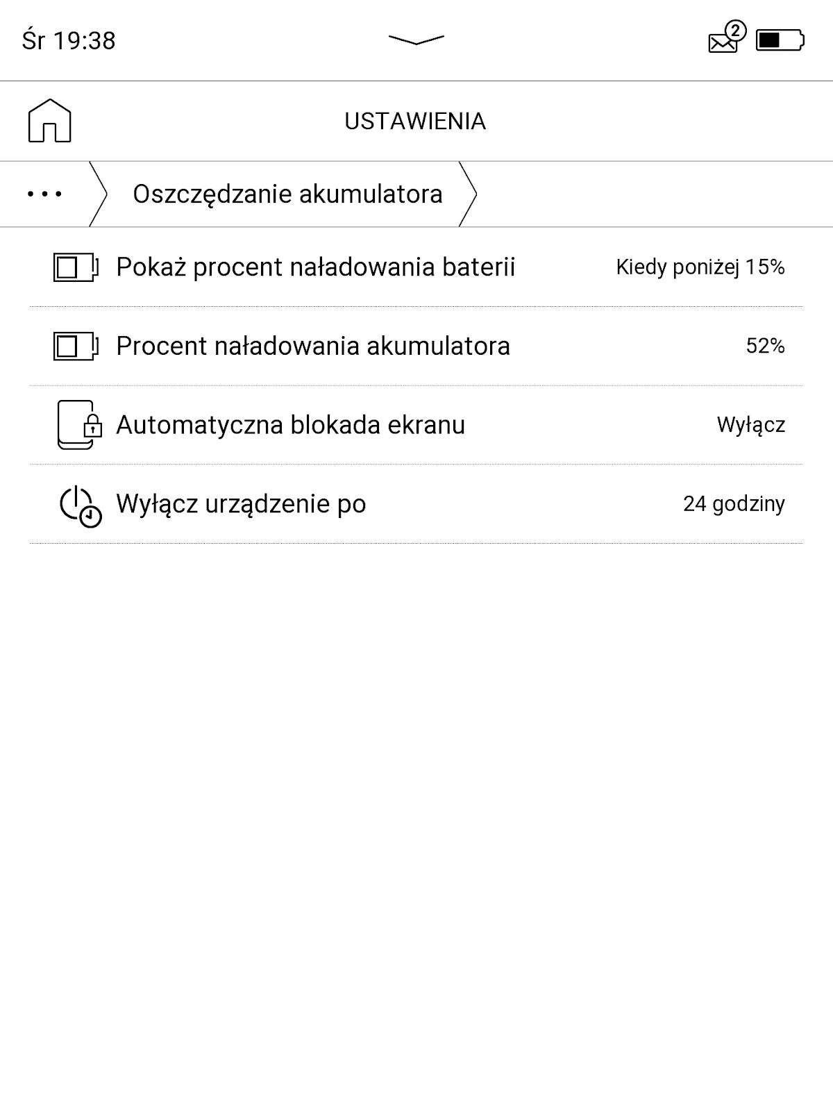 PocketBook InkPad 4 – opcje oszczędzania energii