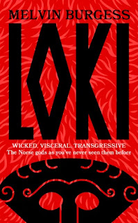 Cover for book "Loki" by Melvin Burgess. Red background, black figures. The name of the book is in angular, rune- like characters. Below, a mask.