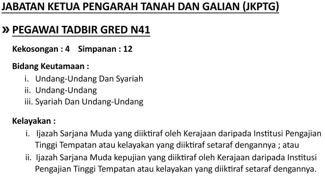 Jawatan Kosong Jabatan Ketua Pengarah Tanah Dan Galian (JKPTG) Tarikh Tutup 09 Jun 2019