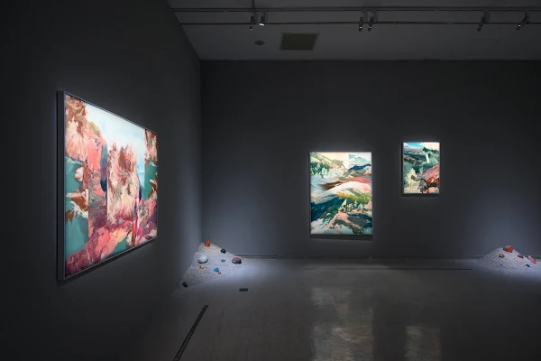 ▲「地緣詩學—瀕危世界的多變特質」展至2024年3月10日，臺灣藝術家黃沛涵〈青年活動〉繪畫系列與〈卵石系列〉展示現場。（國美館提供）