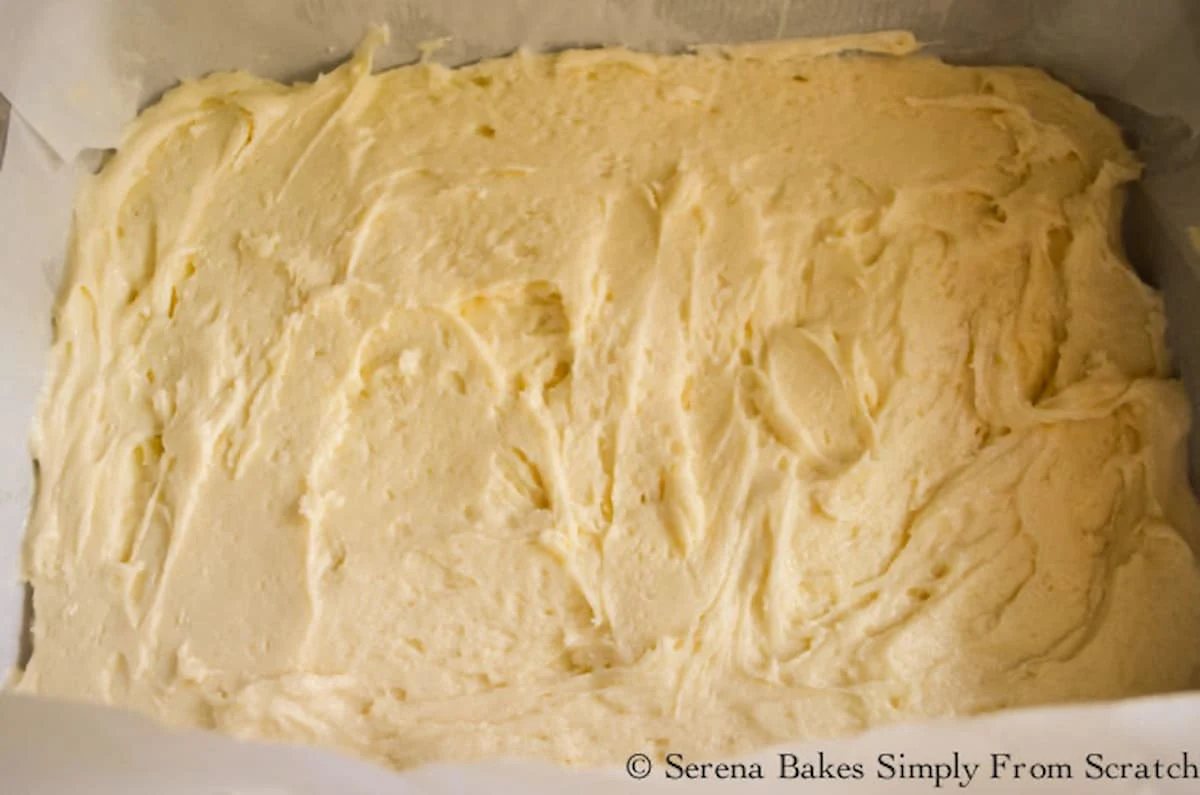 Strawberry Rhubarb Coffee Cake batter spread in the bottom of a 9"x13" pan.