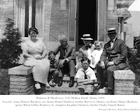 Black & white photo, Haineses & Hardestys, 1555 Medina Road, Akron, undated. From left, Anna (Haines) Hardesty, son Alonzo Homer Hardesty, brother Harvey L. Haines, son Henry Haines Hardesty, spouse Walter Collins Hardesty, Sr., daughter Josephine Hardesty, brother Charles Samuel Haines. Personal collection, Alonzo Homer Hardesty.