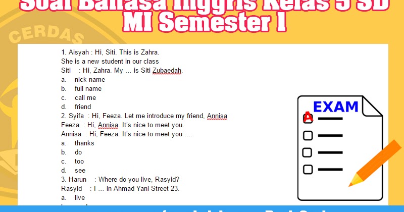 Soal Bahasa Inggris Kelas 5 SD MI Semester 1  Operator 