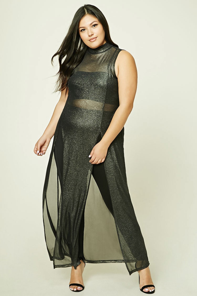 Black Plus Size Sheer Metallic Dress