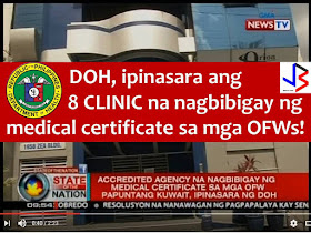 Thousands of Overseas Filipino Workers (OFWs) could not leave the country, especially those who are bound to Kuwait after Department of Health (DOH) ordered the closure of eight medical clinics.  These clinics were exclusively accredited by Ministry of Health of Kuwait through the Winston Q8 Certification Solution Agency.  With the suspension order, thousands of OFWs bound for Kuwait and other countries could not undergo the required medical examination.