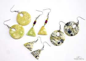 Série boucles oreilles pâte polymère encre jaune vert tampons Stenna Création