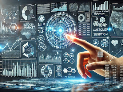 Ilustrasi futuristik yang menunjukkan tangan manusia menyentuh antarmuka digital dengan berbagai elemen data seperti analisis sentimen pelanggan, pasar saham, NLP (Natural Language Processing), dan visualisasi data lainnya. Gambar ini menggambarkan integrasi teknologi canggih dan analitik data untuk pengambilan keputusan.