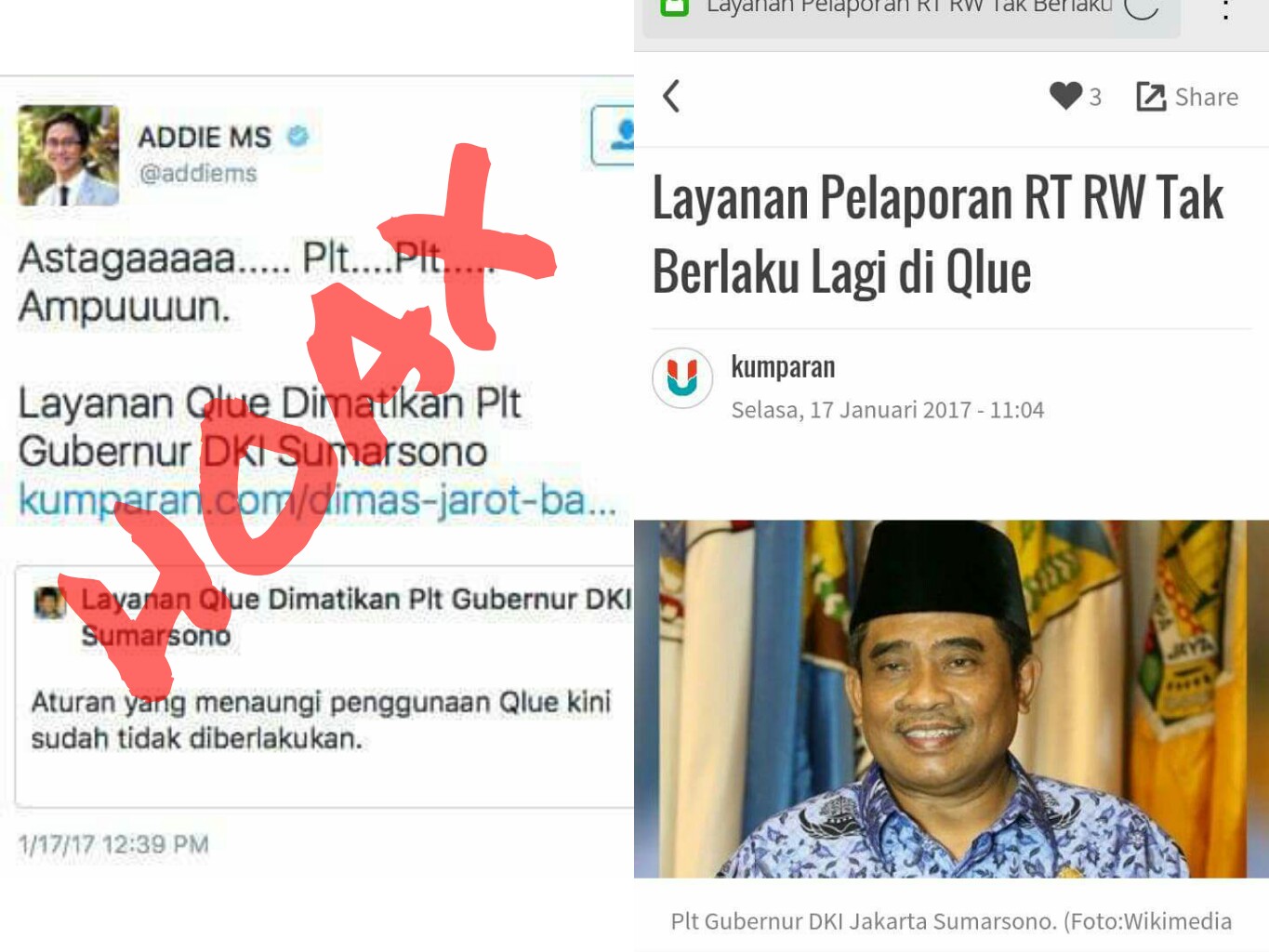 Hoax PLT Gubernur DKI Pak Soni Mencabut Layanan Qlue Anti Berita Hoax