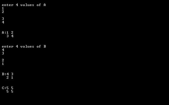 output of matrix addition of particular order in C language