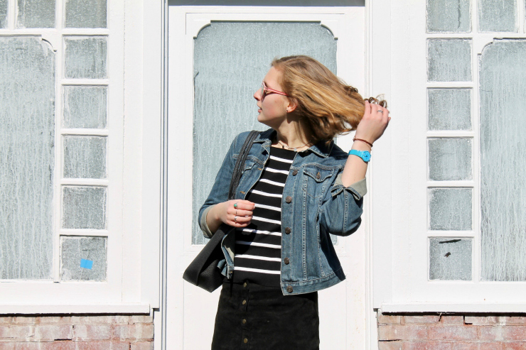 Lands' End jean jacket, black suede mini skirt + Vans high tops #springfashion