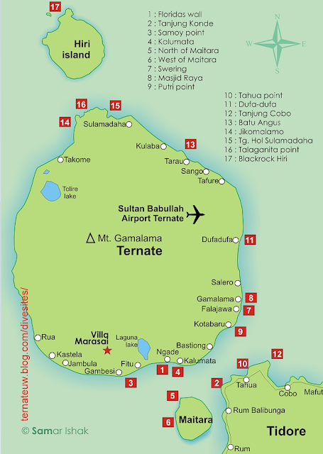 Beberapa spot diving di sekitar Pulau Ternate yang terkenal, yaitu: Floridas wall, Kalumata, Kota Baru, Belakang Mall, Mesjid Raya, Pelabuhan A. Yani, Sulamadaha, Swering/Falajawa, Talaganita, Tanjung Konde, dan Tanjung Cobo.