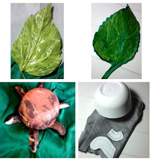 colaj patru foto etape de lucru frunza din matase verde si broasca testoasa cu o carapace din cutie de crema invelit in material textil