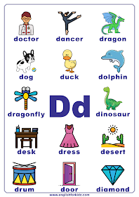 Printable alphabet poster - letter D with pictures - classroom wall decoration