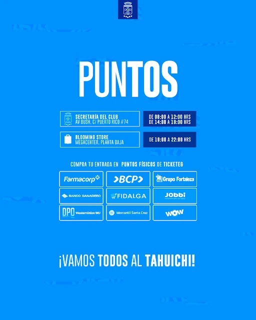 ¡𝗘𝘀𝘁𝗲 𝗷𝘂𝗲𝘃𝗲𝘀 𝘁𝗼𝗱𝗼𝘀 𝗷𝘂𝗻𝘁𝗼𝘀! 👪 💙   Este jueves juega el más pasional del país y tu apoyo, como el de toda tu familia será fundamental para lograr la victoria. 📲 Adquirí tu entrada a tan sólo un click con: https://ticketeg.com/#/blooming-vs-realsantacruz Te recordamos que para este encuentro todos los socios al día podrán ingresar con un menor de 6 a 13 años de manera gratuita, además que podrán adquirir una entrada en preventa a un menor costo para un acompañante.