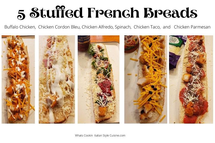 these are all 5 stuffed French breads in a collage