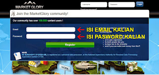 Kolom Isian email dan password saat daftar di marketglory