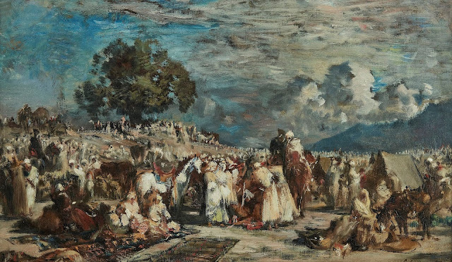 Pause de la caravane dans le désert - Gustave Guillaumet (Français - 1840-1887) - Huile sur toile - 33,5x57 cm