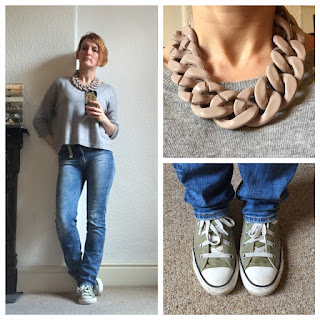 Boden knit, H&M jeans and necklace, Converse All Star trainers