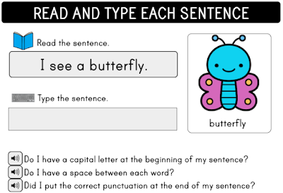 Read sight words and vocabulary words then type the sentence you read.  Audio files included to help remind students of proper sentence structure.