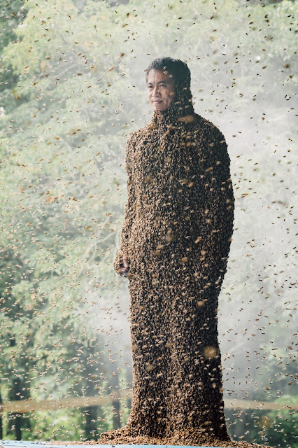 蜂群滿天飛，2、30萬隻蜜蜂成功「附身」，蜂衣完成了！蜂人眉宇緊皺，努力忍耐蜂衣的高溫和沉重。