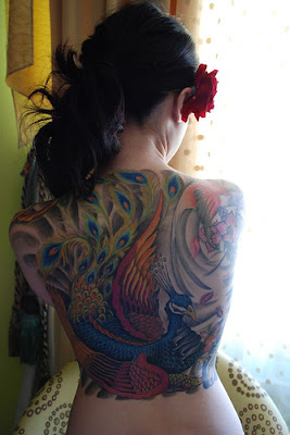 Full Color Peacock Tattoo Design on Girls back