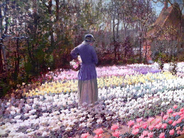 George Hitchcock art 1900s, woman in an English flower garden