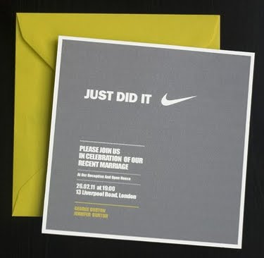Grey wedding reception invitation that says Just Did It with a Nike swoosh