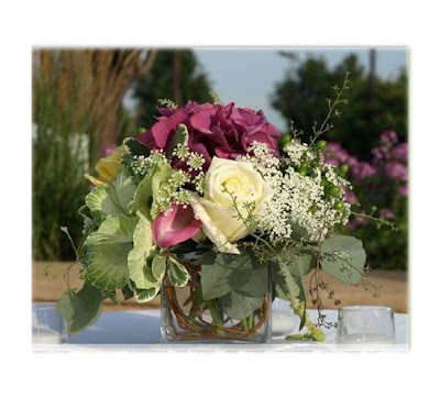 A Beautiful Centerpiece with Ivory Roses Purple Hydrangeas Baby's Breath 