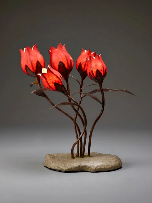 paper tulip lamp sculpture on paper mache base