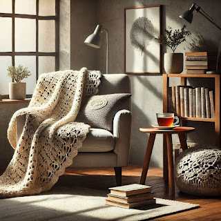 A cozy reading nook featuring a comfortable armchair draped with a soft, hand-crocheted afghan blanket, adding a personal and creative touch. A side table holds a cup of tea and a stack of books on self-growth and spirituality. Natural light streams through a large window, creating a warm, inviting glow. The space exudes tranquility and encourages deep reading and personal reflection, blending comfort with a sense of creative energy.  This image inspires readers to craft their own nurturing environment, combining the warmth of handmade elements with the serenity of a dedicated reading space.