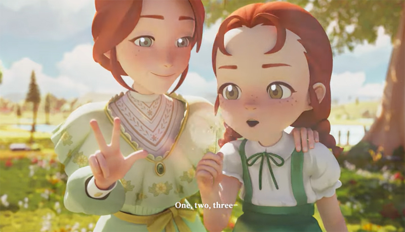 Screenshot from the Oh My Anne Mobile Game Trailer showing Anne with her daughter Rilla Blythe who is making a wish to the dandelion fairy