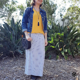 awayfromtheblue Instagram | winter park playdate outfit mustard tee denim jacket striped maxi skirt ankle boots amerii sling bag