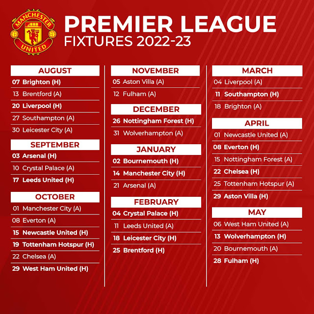 Jadual Manchester United Di EPL Sepanjang Musim 2022-2023