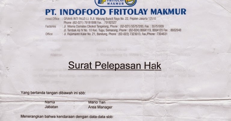 Contoh Surat Pelepasan Hak Kendaraan Atas Nama Pt  Kumpulan Surat Penting