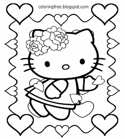 St. Valentines Day free easy coloring love heart Hello Kitty printable girls picture for teenagers
