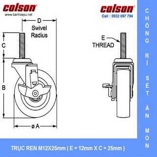 Bảng vẽ kích thước bánh xe đẩy càng inox 304 kiểu trục ren chịu tải 136kg