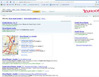 Yahoo! search SERP on search for shoe repair in Austin, TX