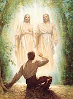 Painting of a teenage boy in 1820, being visited by two celestial beings. They are God the Father and Jesus Christ.