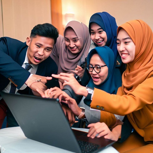 A group of aspiring sales professionals in Malaysia, gathered around a laptop.