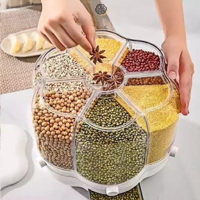6-Grid Rotating Grain Dispenser 33lbs 30g Large Capacity Cereal Dry Food Dispenser Grain Storage Container Round Dry Food Box