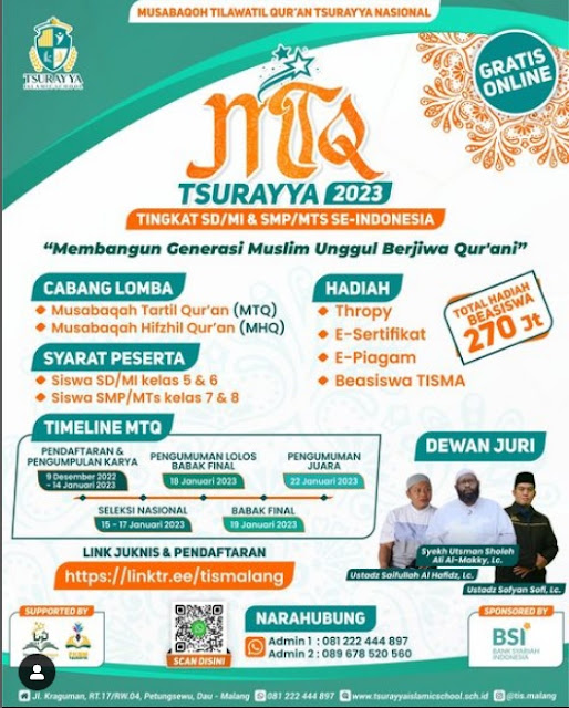 Pendaftaran  MTQ TSN  Tsurayya Islamic School Malang (TISMA) 2023