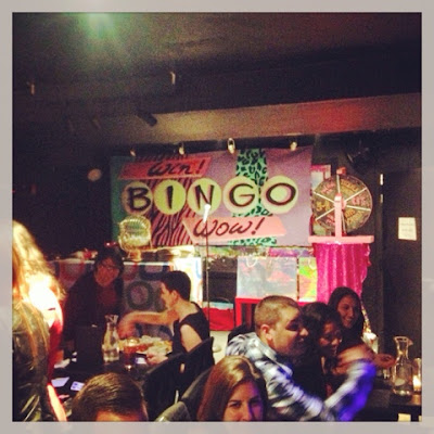 The stage for Le Bingo drag queen bingo at le poisson rouge