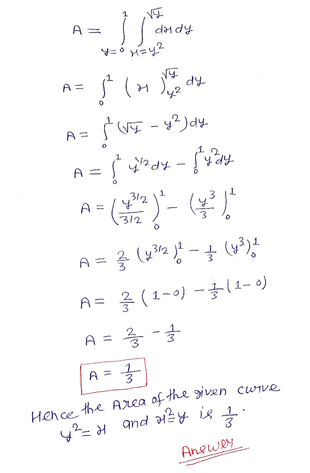 Find the area of the given curves y^2 = x  and x^2 = y.