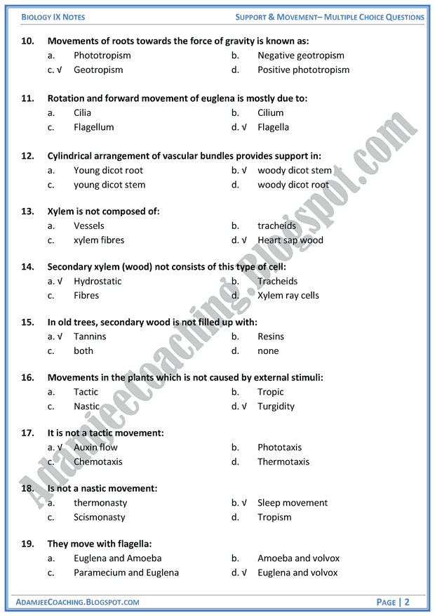 support-and-movement-multiple-choice-questions-biology-notes-for-class-9th