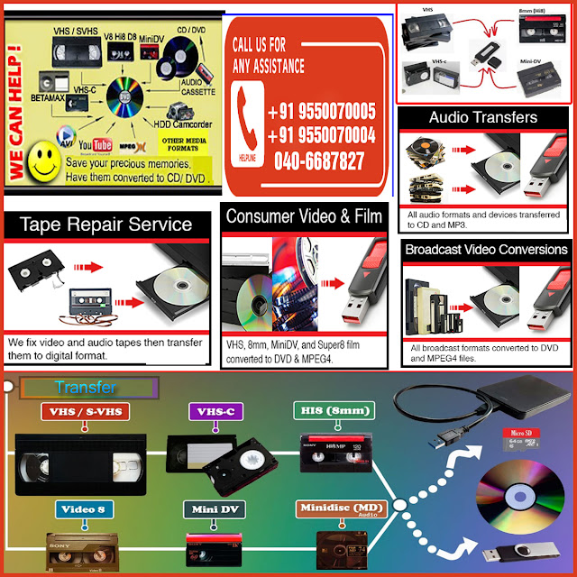 VCR VHS Cassette to DVD Conversion,HI8 VCR VHS Cassette DVD,VIDEO EDITING,AUDIO,VIDEO,DV CONVERSIONS. "VCR VHS Cassette to DVD Conversion" is a quality brand in Video and Audio Cassette Tape conversion service in South India serving at lowest possible prices in the market. Currently, we are offering Hyderabad, the best professional quality Digital Conversion of all types of Video Cassettes and Audio Cassettes at lowest prices with personalized customer support. Supported Video Cassette Formats VHS Cassette (VCR) VHS-C Cassette Hi8, Video8 Cassettes Mini DV Cassettes Audio Cassette Conversions We can also repair the damaged cassettes and restore them. Feel free to contact us. Call: 9550070005 / 9550070004 / 040-6687827 . ................................................................................................. VCR VHS Cassette to DVD Conversion,HI8 VCR VHS Cassette DVD,VIDEO EDITING,AUDIO,VIDEO,DV CONVERSIONS We are the best company in Hyderabad to convert the All types/ formats of consumer Video Tape Like VHS, S-VHS, VHS-C, Hi8, Digital8, Video8, miniDV, SD/HD , Audio Cassette.All types/ formats of commercial Video Tape Like,Betacam SP/SX, Digital Betacam, HDV,DVCAM, DV,DPX and TIFF. 8mm,Super 8mm film with sound to digital. Convert OLD VHS to DVD|VHS transfer to DVD|Transfer VHS Tapes To DVD|Vhs cassettes convert to dvd|VHS-C to Digital Video Conversion. Video editing , video conversion VHS to DVD, Transferring Handycam's Hi-8, Dv, VHS-C, NTSC - PAL to Pendrives, Flash drives, DVD, Audio cassette to DVD.high quality videotape transfers to DVD or MP4 files. Convert your old home movies to digital before those memories disappear forever! .  Feel free to contact us. Call: 9550070005 / 9550070004 / 040-6687827 .  .................................................................. VCR VHS Cassette to DVD Conversion,HI8 VCR VHS Cassette DVD,VIDEO EDITING,AUDIO,VIDEO,DV CONVERSIONS https://vcrvhscassettetodvdconversions.business.site https://bit.ly/2QRI0bQ https://g.page/VCRVHSHI8DVAUDIOVIDEOEDITINGDVD https://www.youtube.com/watch?v=DIik9DOfpjU https://vcrvhscassettetodvdconversions.business.site https://bit.ly/3jCoahd https://www.facebook.com/swatikDigitals/